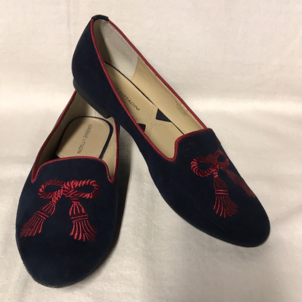 Adrienne Vittadini Dolores Navy Blue Velvet with Red Embroidery at Toe - Size 7